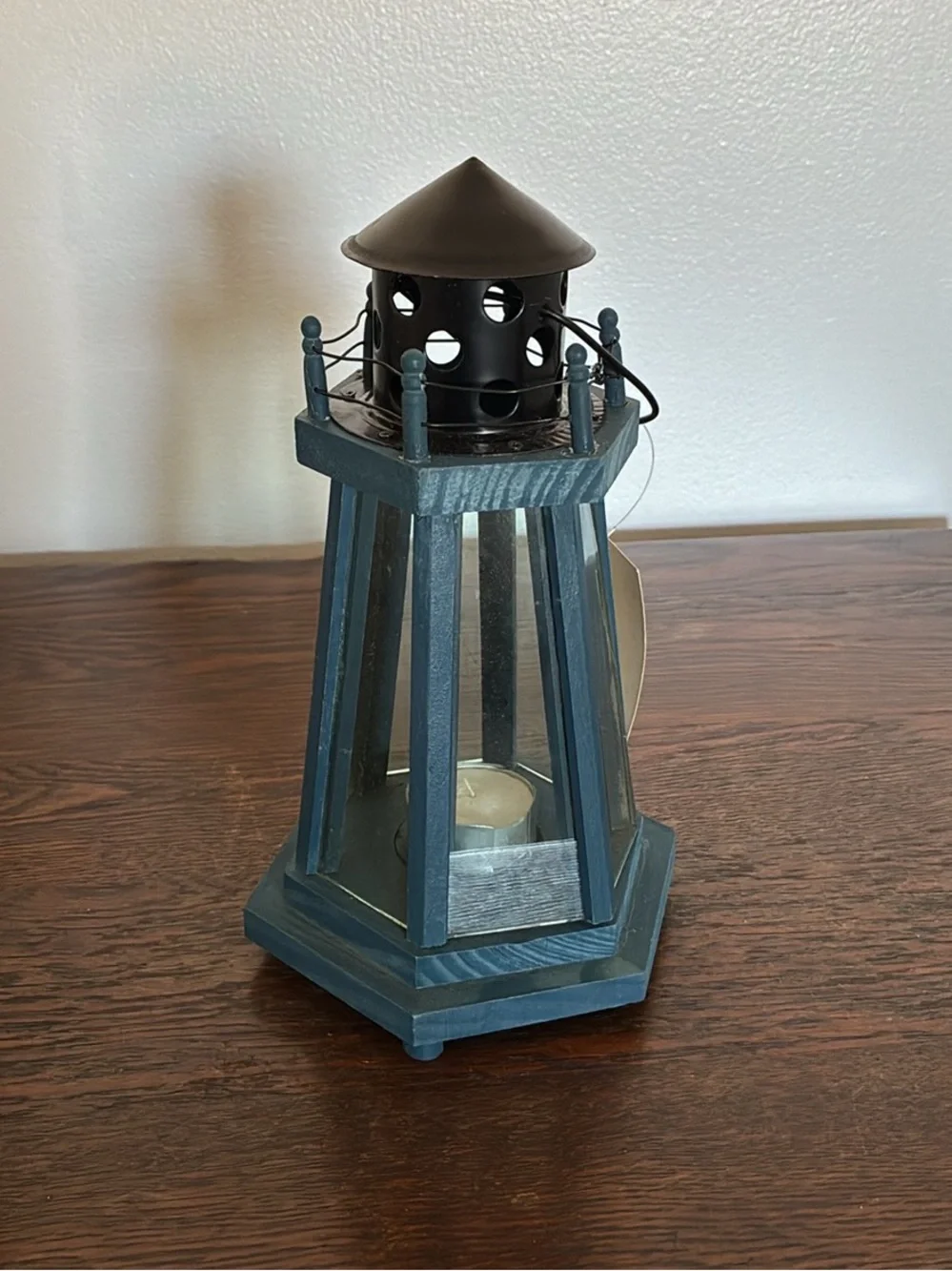 BNIB- Hand Painted- Blue Wood & Wire Lighthouse Candle Holder